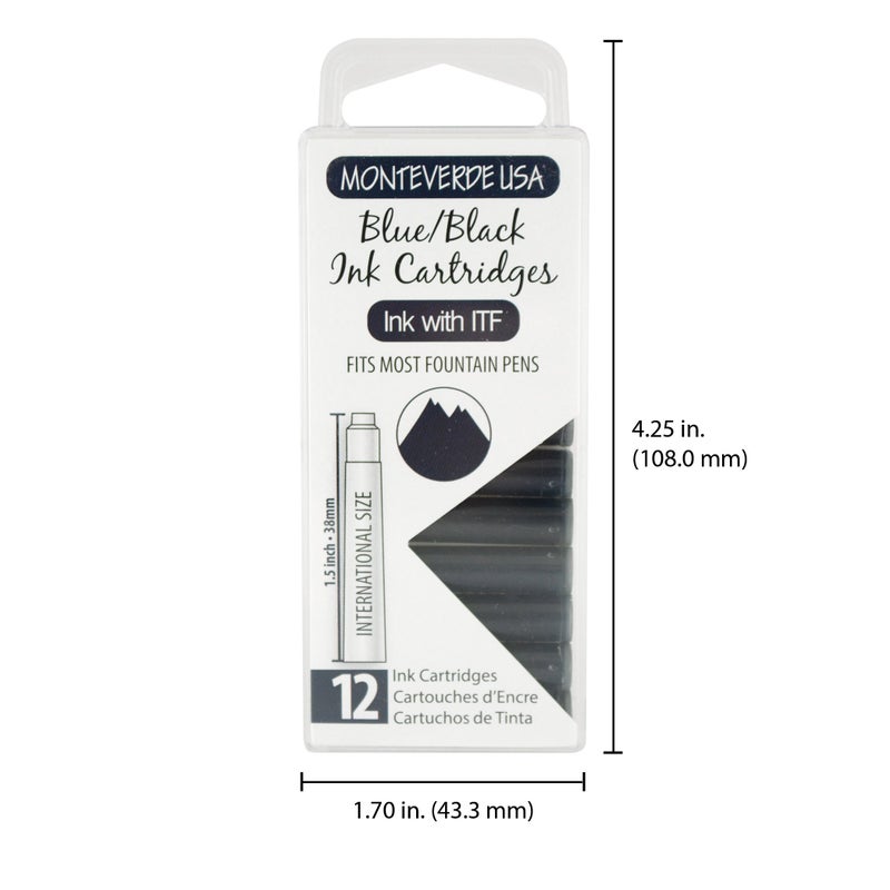 Monteverde USA International Standard Ink Cartridges - Blue/Black - Premium Blend Ink for Smooth Writing, Compatible with Most Fountain Pens, 12-Pack Box - Image 5
